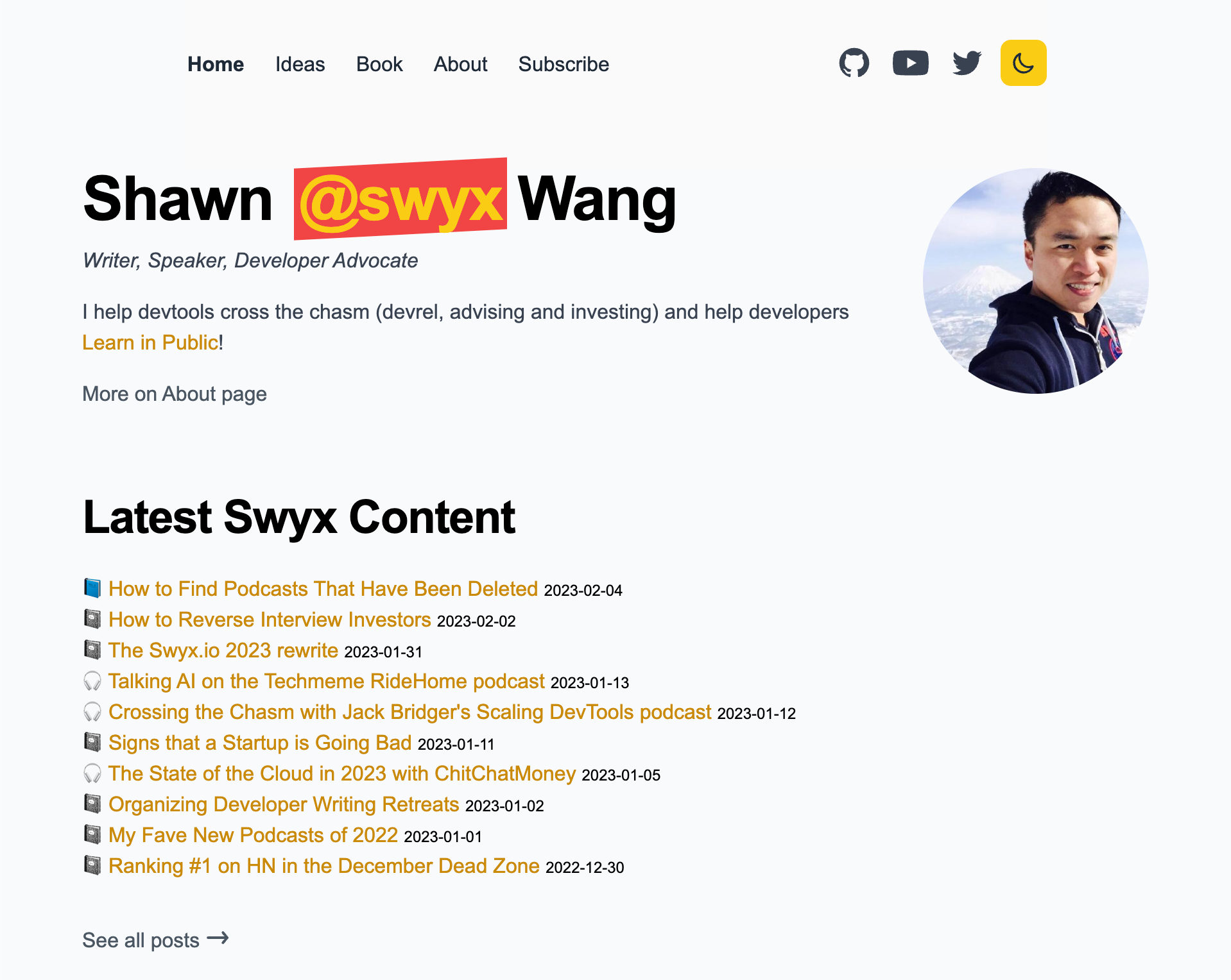Screenshot of swyx website in light mode